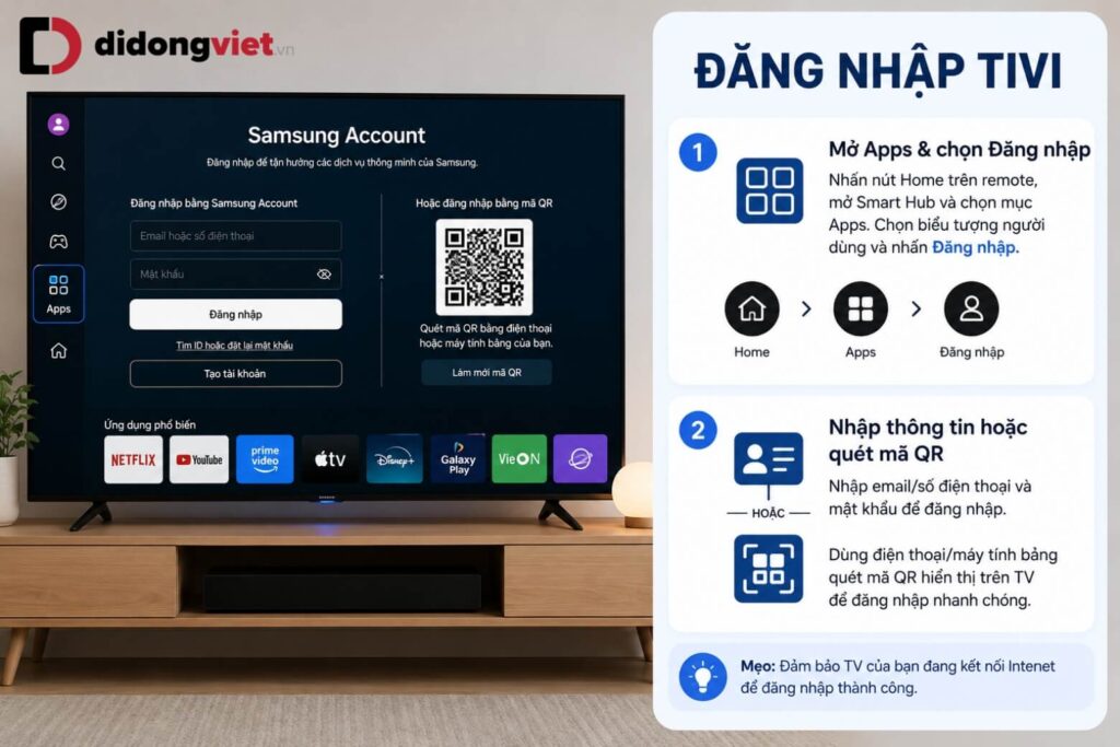 3 cách tạo tài khoản Samsung trên Tivi siêu dễ, cực nhanh 2026 19 Vào APPS > biểu tượng tài khoản > Đăng nhập, sau đó quét QR hoặc nhập thông tin để kết nối TV.