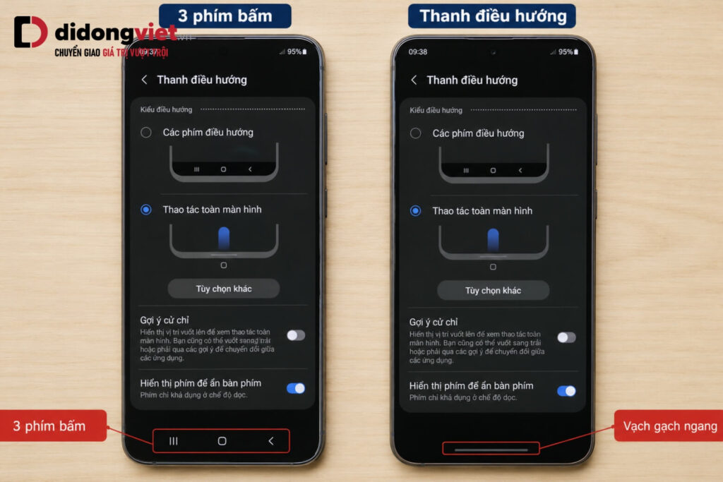 Hướng dẫn cài đặt và thay đổi thanh điều hướng trên điện thoại Samsung 4 Menu cài đặt thanh điều hướng Samsung với hai lựa chọn phím bấm và thao tác vuốt