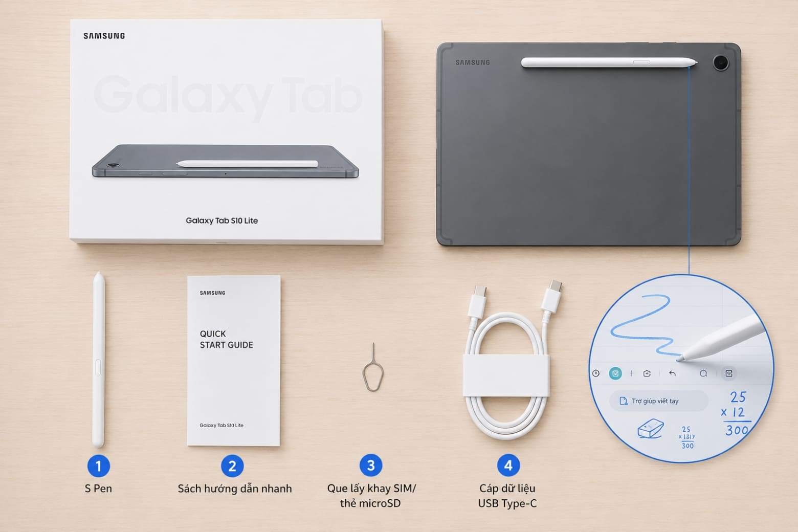Trên tay Samsung Tab S10 Lite: Tablet mỏng nhẹ, có S Pen 10 S Pen cùng các phụ kiện cần thiết đã sẵn sàng ngay khi mở hộp máy