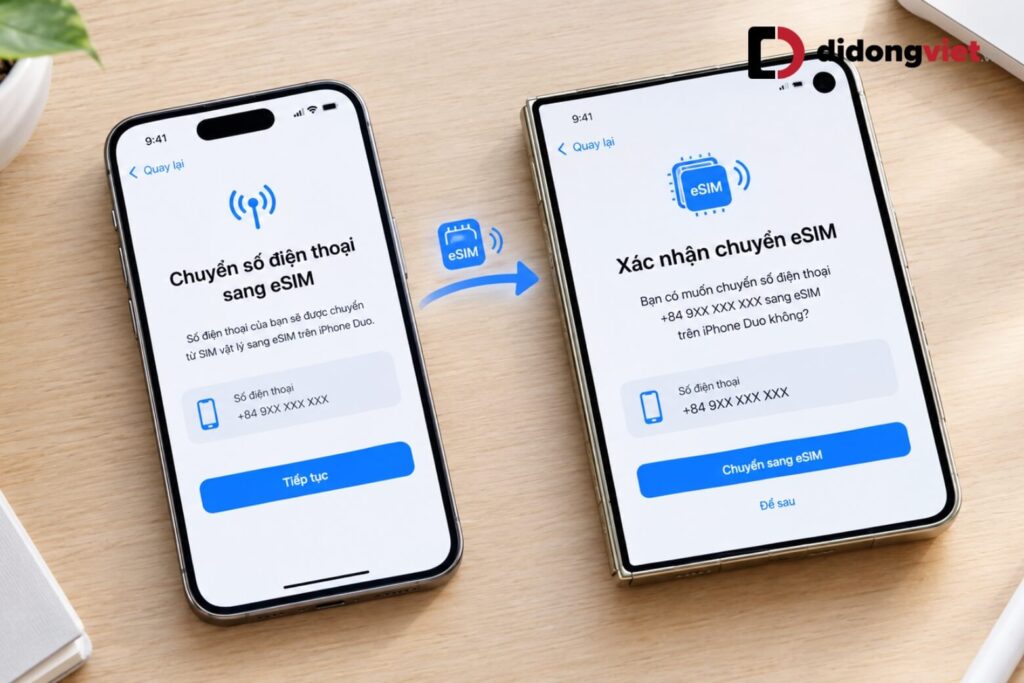 iPhone Duo có khe SIM không: Đánh giá chuẩn kết nối trên phiên bản VN/A 8 Thao tác chuyển đổi eSIM trực tiếp giữa hai chiếc điện thoại iPhone