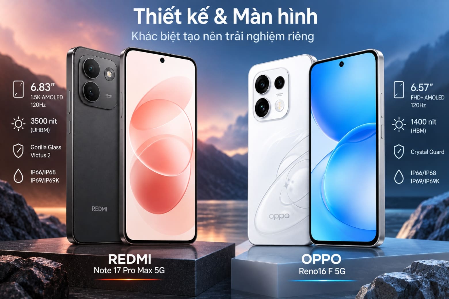 So sánh REDMI Note 17 Pro Max 5G và OPPO Reno16 F 5G: Nên chọn máy nào? 7 REDMI có màn hình lớn hơn, còn OPPO nhẹ và gọn hơn