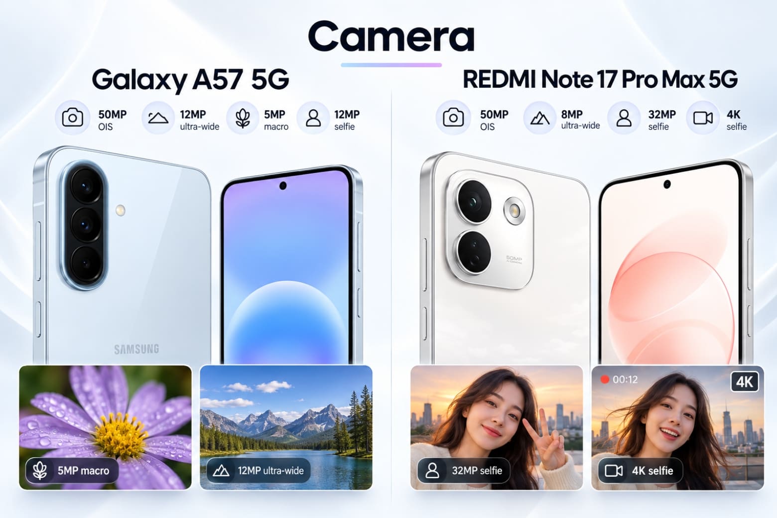 So sánh REDMI Note 17 Pro Max 5G và Samsung Galaxy A57 5G theo từng khía cạnh thực tế 13 Galaxy đa dạng camera hơn, REDMI nổi bật với selfie 32MP quay 4K