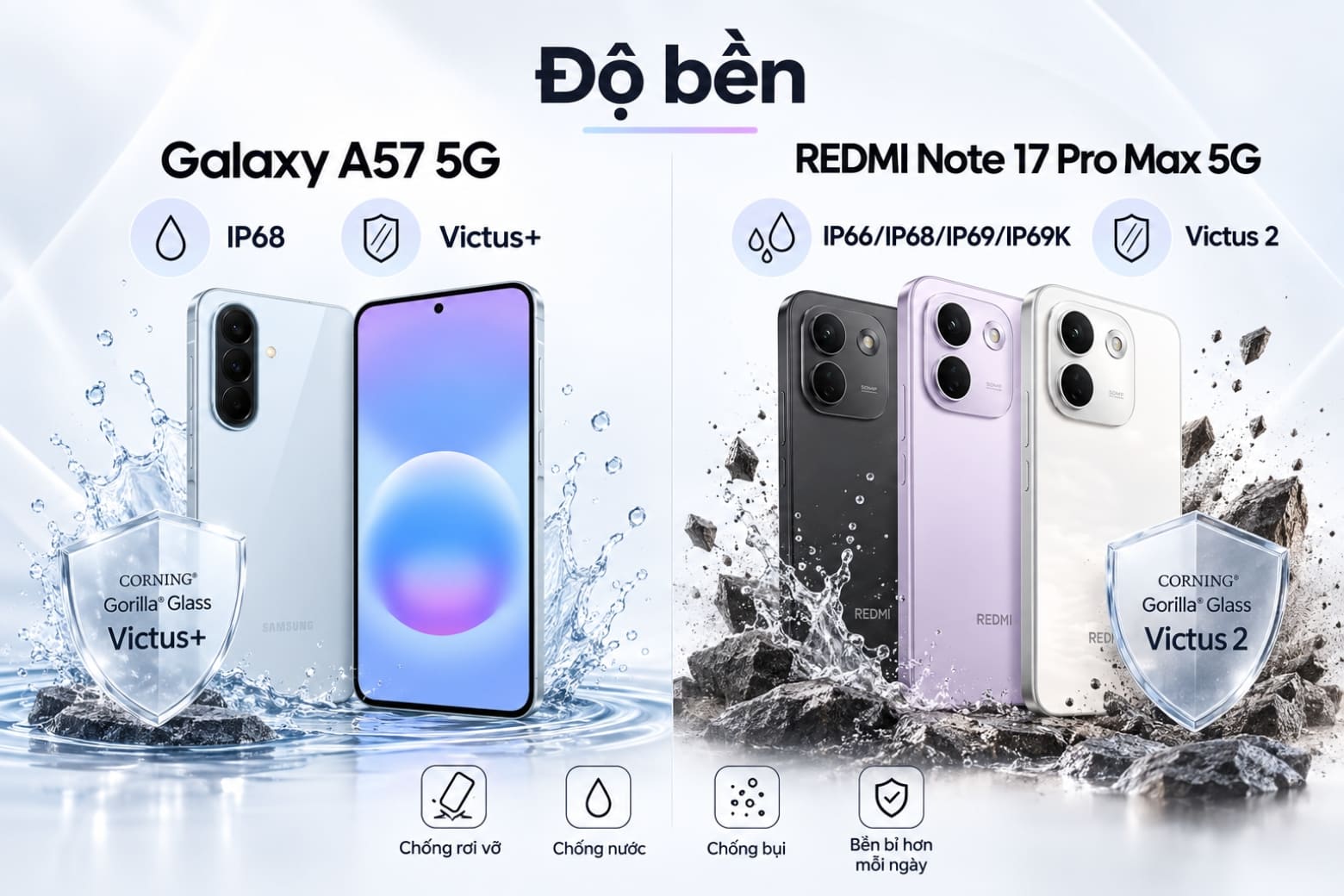 So sánh REDMI Note 17 Pro Max 5G và Samsung Galaxy A57 5G theo từng khía cạnh thực tế 10 REDMI có nhiều chuẩn IP hơn, Galaxy dùng Victus+ hai mặt