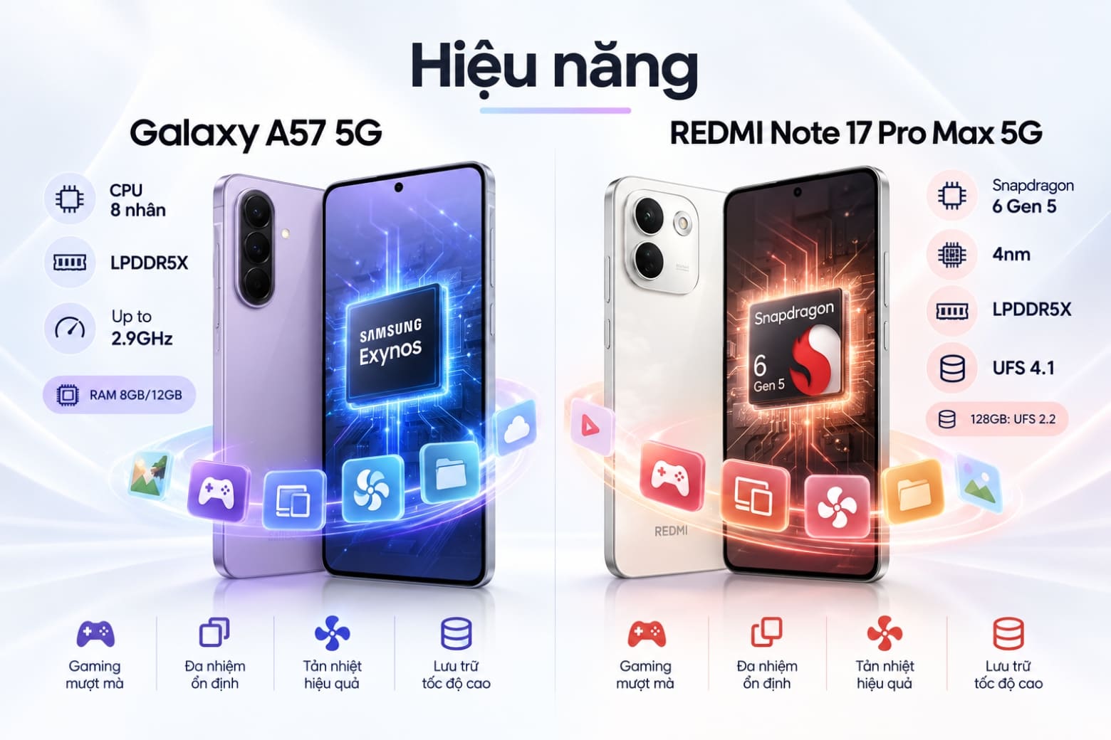 So sánh REDMI Note 17 Pro Max 5G và Samsung Galaxy A57 5G theo từng khía cạnh thực tế 12 Hai máy khác nền tảng chip, cấu hình RAM và chuẩn lưu trữ