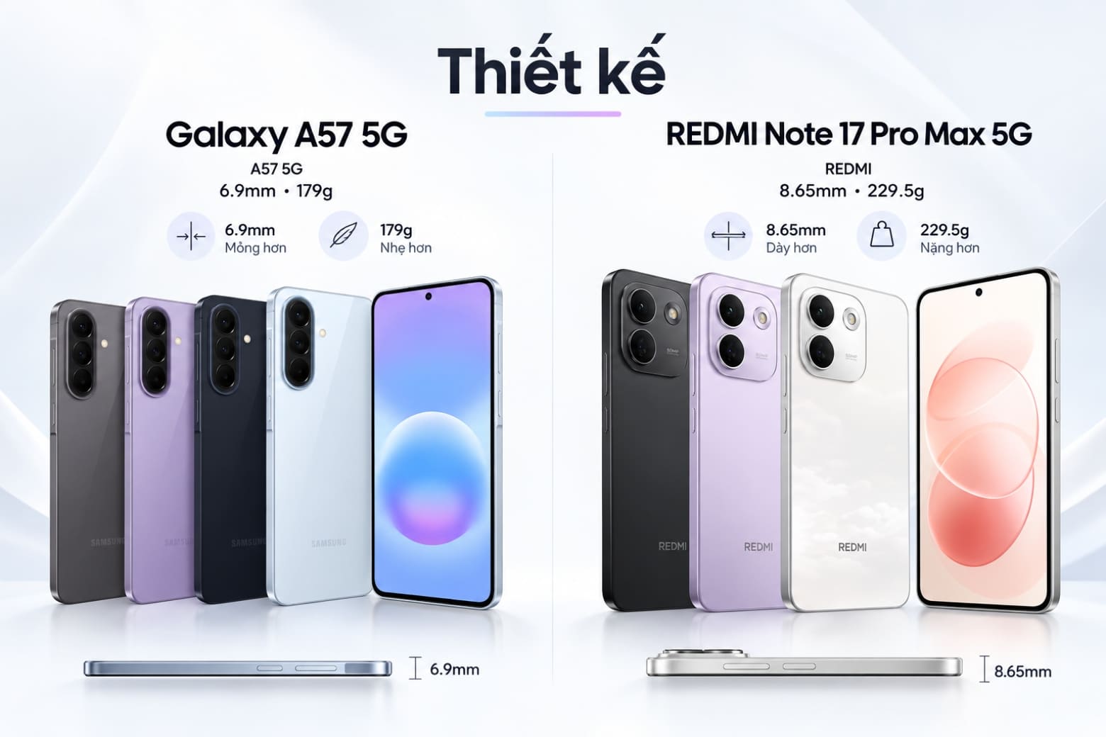 So sánh REDMI Note 17 Pro Max 5G và Samsung Galaxy A57 5G theo từng khía cạnh thực tế 9 Galaxy A57 5G dễ cầm hơn nhờ thân máy nhẹ và mỏng