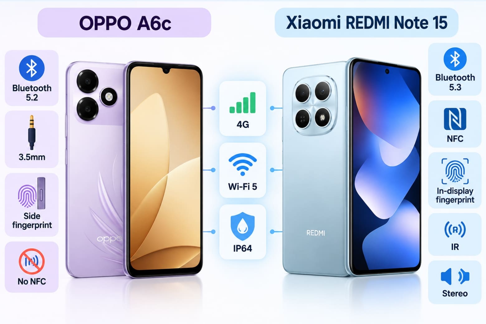 So sánh OPPO A6c và REDMI Note 15: Máy nào phù hợp với bạn? 13 Khác biệt NFC và sinh trắc học tạo thêm tiện ích thực tế