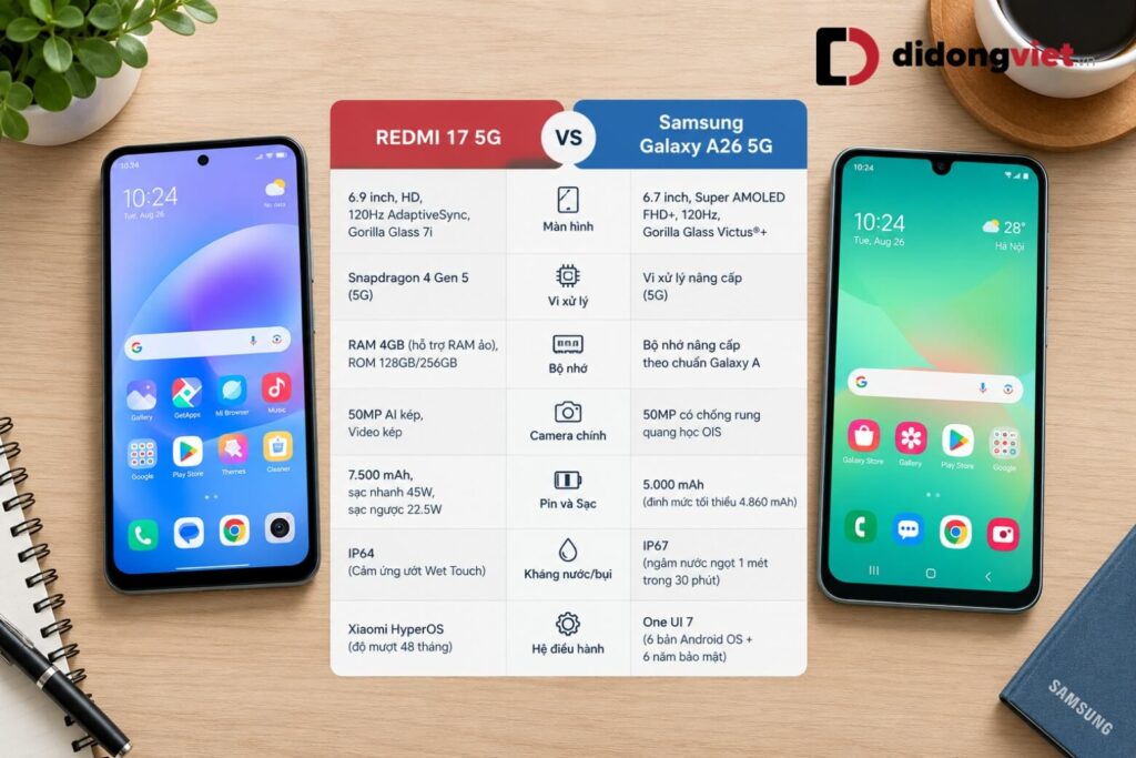 So sánh REDMI 17 5G và Samsung Galaxy A26 5G: Lựa chọn nào phù hợp cho bạn? 7 Bảng so sánh thông số kỹ thuật REDMI 17 5G và Samsung Galaxy A26 5G
