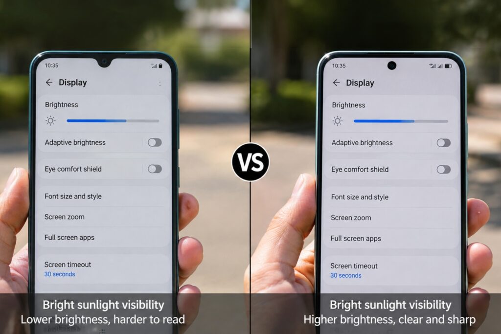 Samsung Galaxy A08 so với REDMI Note 15: Nên chờ hay chọn ngay? 8 So sánh khả năng hiển thị dự kiến của Galaxy A08 và thực tế của REDMI Note 15 ngoài trời nắng