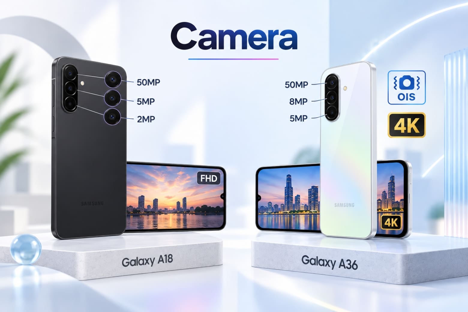 So sánh Samsung Galaxy A18 và Galaxy A36: Nên chọn máy nào? 12 Camera A36 đa dụng hơn với OIS và khả năng quay video 4K.