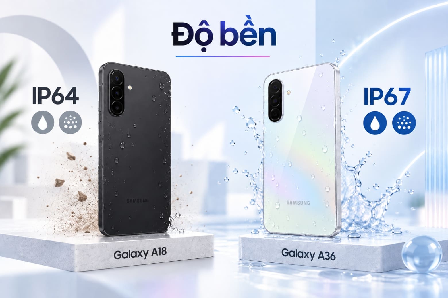 So sánh Samsung Galaxy A18 và Galaxy A36: Nên chọn máy nào? 14 A36 tăng khả năng bảo vệ trước bụi nước với chuẩn IP67.