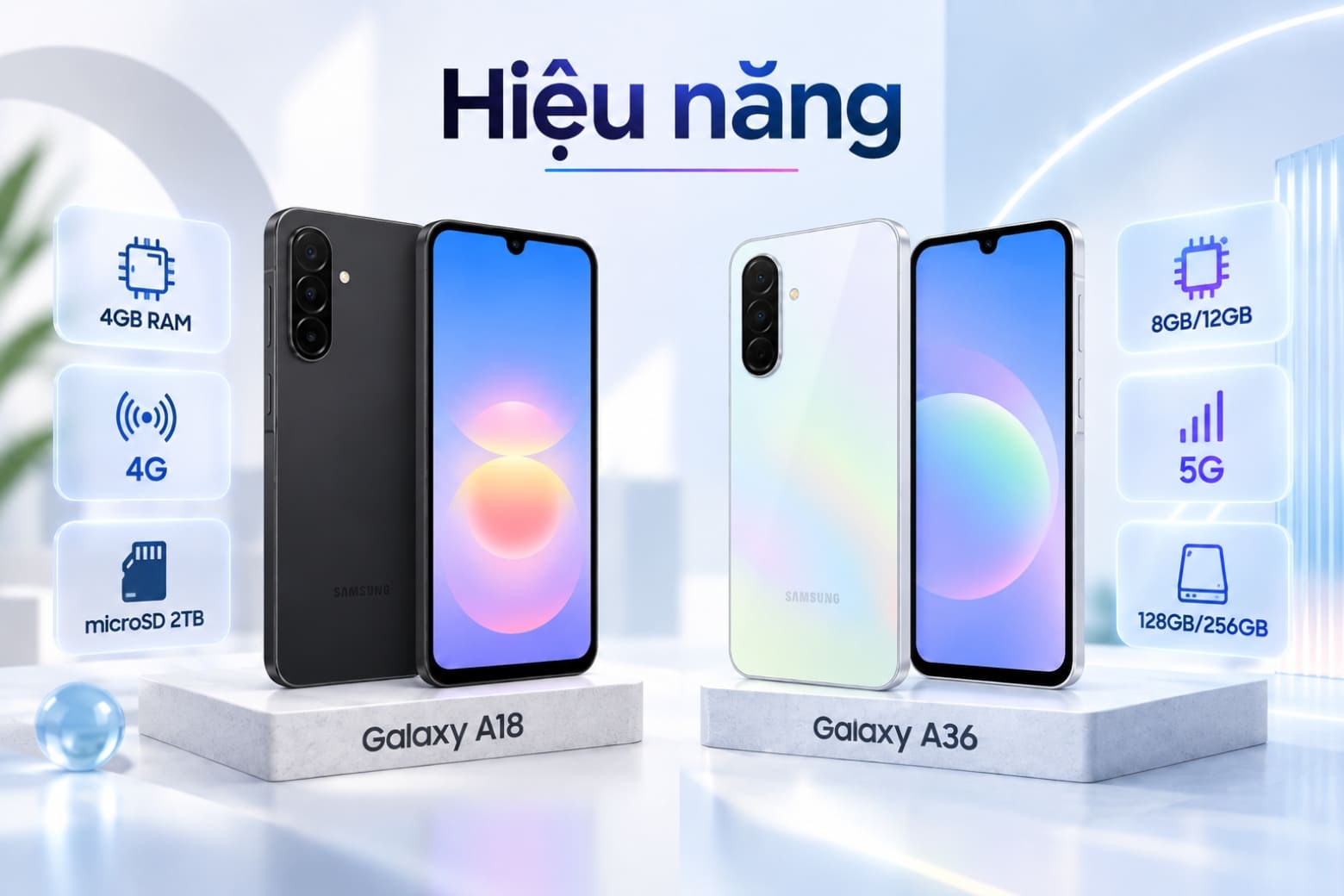 So sánh Samsung Galaxy A18 và Galaxy A36: Nên chọn máy nào? 11 A36 nổi bật với RAM lớn hơn và kết nối 5G tốc độ cao.