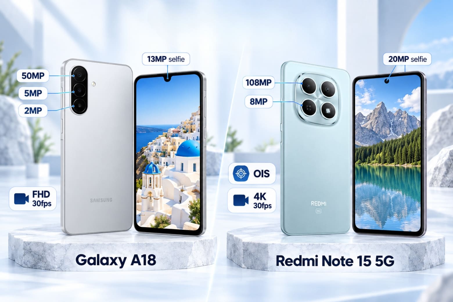 So sánh Samsung Galaxy A18 và REDMI Note 15 5G: Máy nào phù hợp hơn? 12 Camera 108MP OIS cùng khả năng quay 4K tạo lợi thế đáng chú ý.