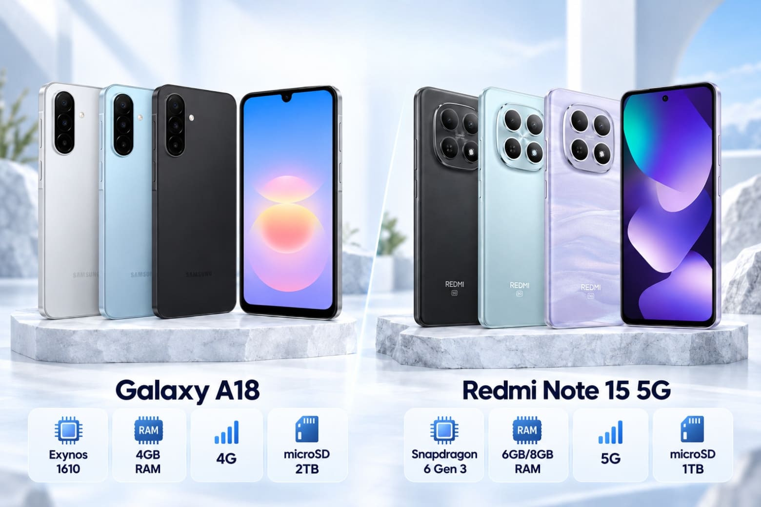 So sánh Samsung Galaxy A18 và REDMI Note 15 5G: Máy nào phù hợp hơn? 11 Hai thiết bị khác biệt về chip, RAM và khả năng mở rộng lưu trữ.