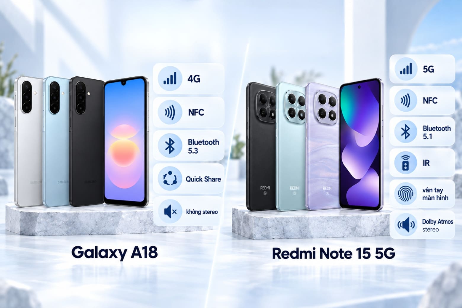 So sánh Samsung Galaxy A18 và REDMI Note 15 5G: Máy nào phù hợp hơn? 14 5G cùng nhiều tiện ích giúp REDMI Note 15 linh hoạt hơn.