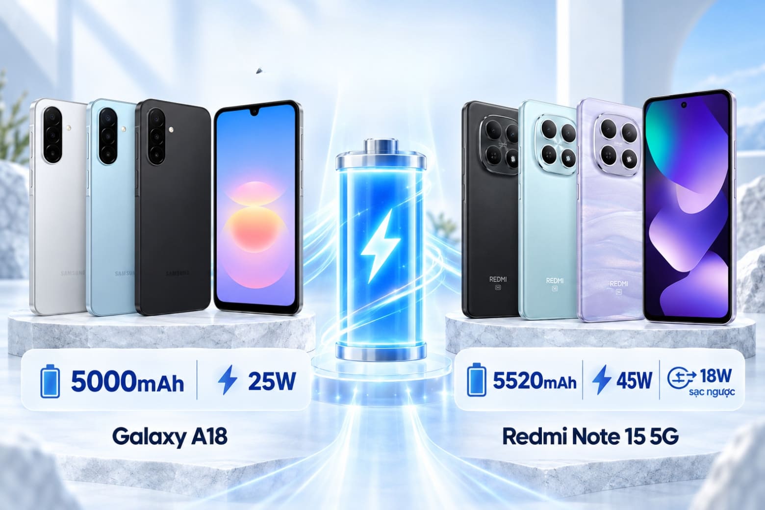 So sánh Samsung Galaxy A18 và REDMI Note 15 5G: Máy nào phù hợp hơn? 13 Pin 5.520mAh cùng sạc 45W giúp REDMI nổi bật về năng lượng.