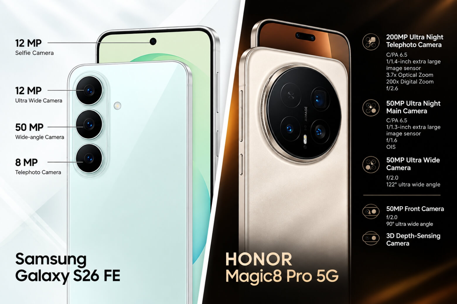 So sánh Samsung Galaxy S26 FE và HONOR Magic8 Pro 5G máy nào tốt hơn? 11 So sánh Samsung Galaxy S26 FE và HONOR Magic8 Pro 5G cụm camera