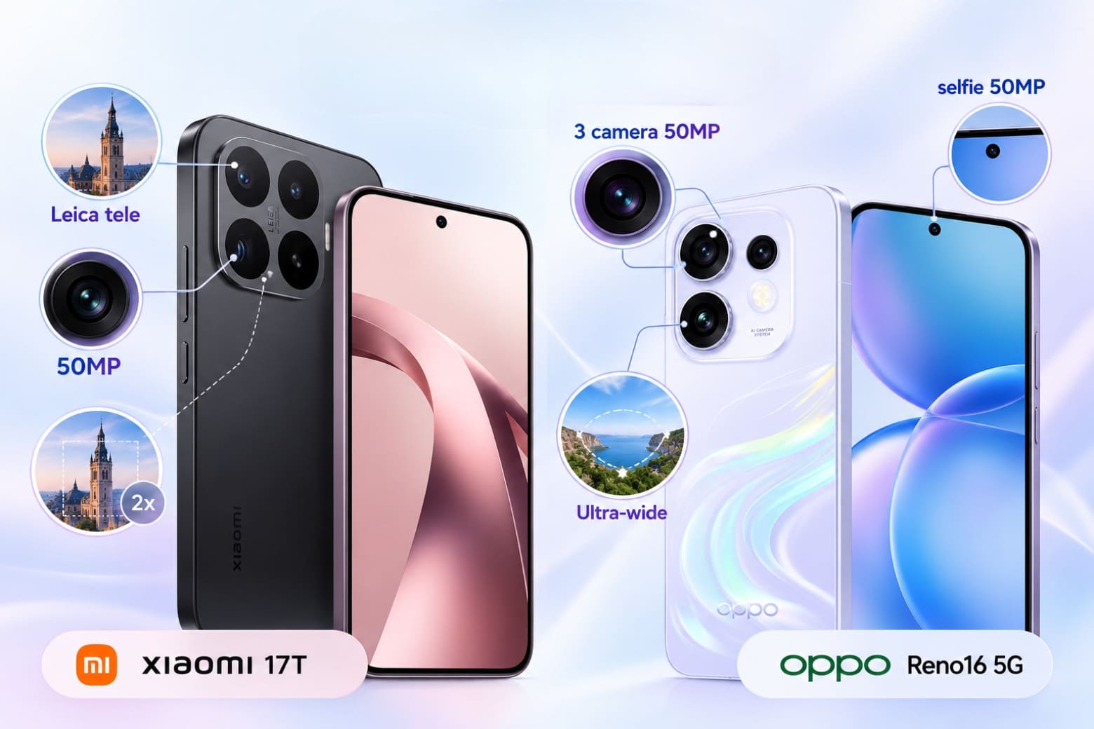 So sánh Xiaomi 17T và OPPO Reno16 5G có gì khác biệt? 11 Xiaomi nổi bật với tele Leica, trong khi OPPO trang bị ba camera 50MP