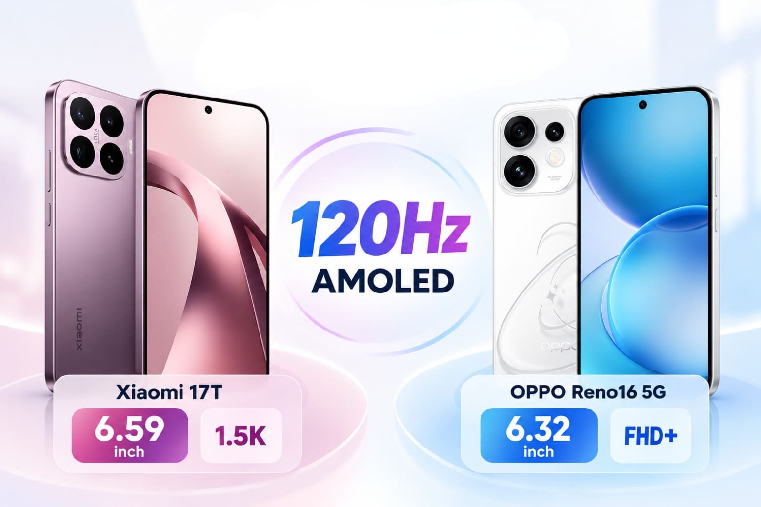 So sánh Xiaomi 17T và OPPO Reno16 5G có gì khác biệt? 9 Cùng 120Hz nhưng Xiaomi có màn hình lớn và độ phân giải cao hơn.