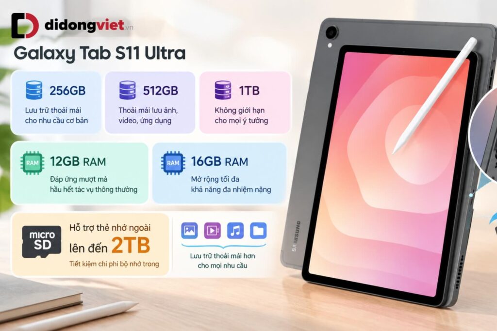 Nên mua Samsung Galaxy Tab S11 Ultra bản nào: Hướng dẫn chọn đúng nhu cầu và tối ưu chi phí 8 Samsung Galaxy Tab S11 Ultra có bộ nhớ 256GB, 512GB và 1TB, RAM 12GB