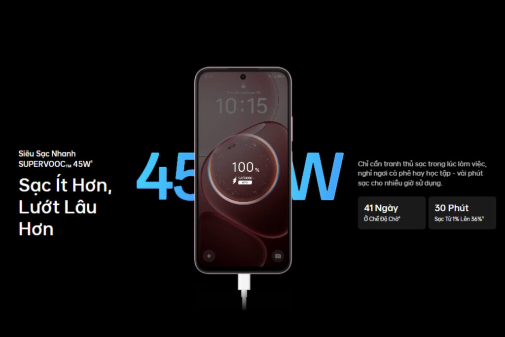 So sánh OPPO A6 và Samsung Galaxy A07 4G: Chọn pin 7000 mAh, kháng nước hay cập nhật 6 năm? 17 OPPO A6 nổi bật với pin 7.000mAh, sạc nhanh 45W và hỗ trợ sạc ngược có dây qua USB Type-C OTG.
