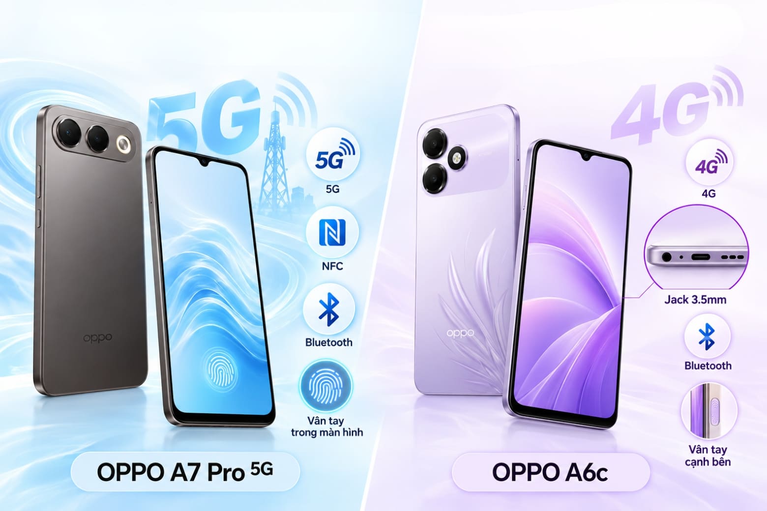 So sánh OPPO A7 Pro và OPPO A6c: Khác biệt ở đâu? 13 A7 Pro hỗ trợ 5G, NFC; A6c giữ jack tai nghe 3.5mm