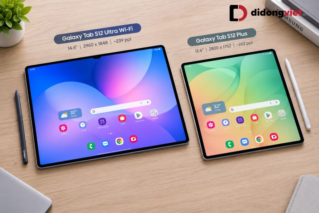 So sánh Samsung Galaxy Tab S12 Ultra Wi-Fi và Tab S12 Plus: Chọn màn hình cực đại hay tính cơ động? 7 So sánh kích thước Samsung Galaxy Tab S12 Ultra Wi-Fi và Galaxy Tab S12 Plus đặt cạnh nhau trên bàn làm việc