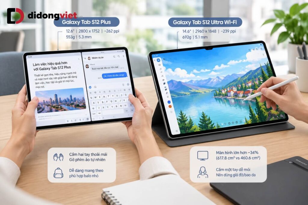So sánh Samsung Galaxy Tab S12 Ultra Wi-Fi và Tab S12 Plus: Chọn màn hình cực đại hay tính cơ động? 8 Trải nghiệm cầm nắm thực tế Galaxy Tab S12 Plus và Tab S12 Ultra Wi-Fi trên bàn làm việc
